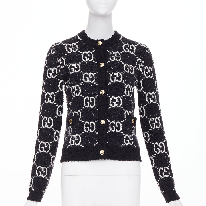 GUCCI GG Supreme Jacquard Cardigan black white gold button jacket XS