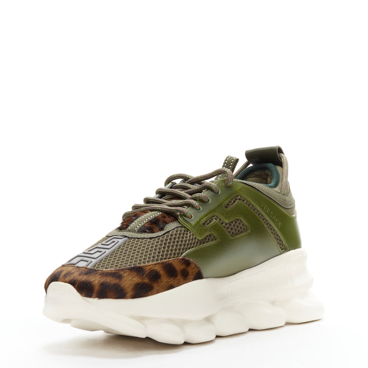VERSACE Chain Reaction Wild Leopard green suede low chunky sneaker EU43