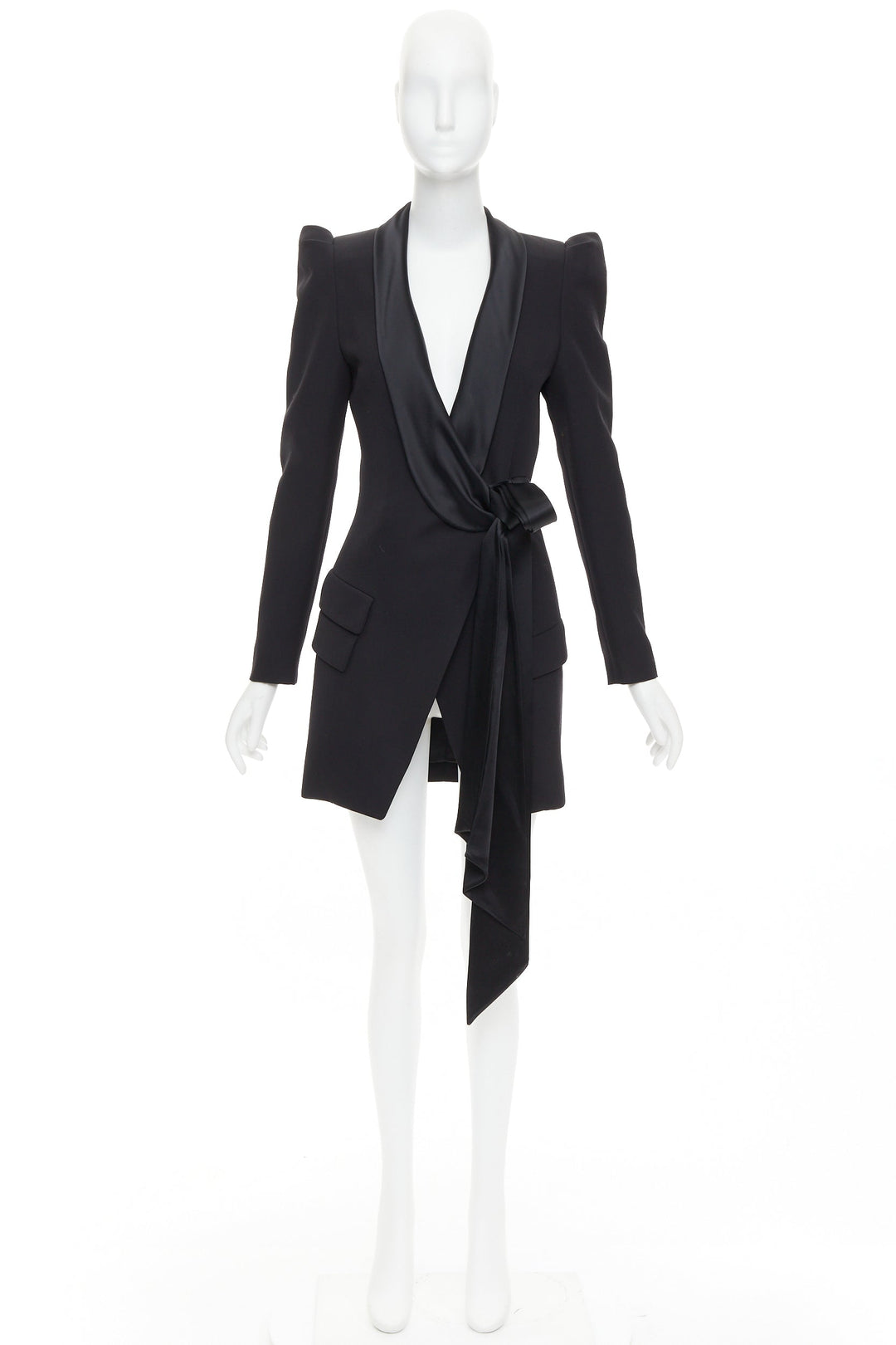 ALEXANDRE VAUTHIER puff sleeve belted tuxedo plunge self tie mini dress FR34 XS