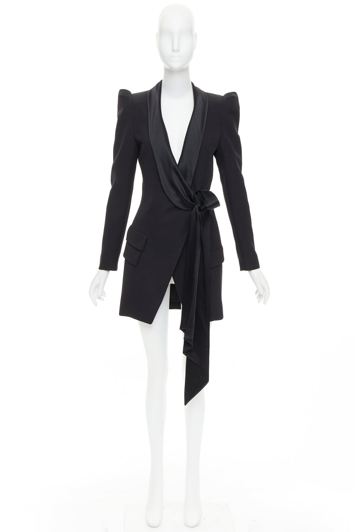 ALEXANDRE VAUTHIER puff sleeve belted tuxedo plunge self tie mini dress FR34 XS