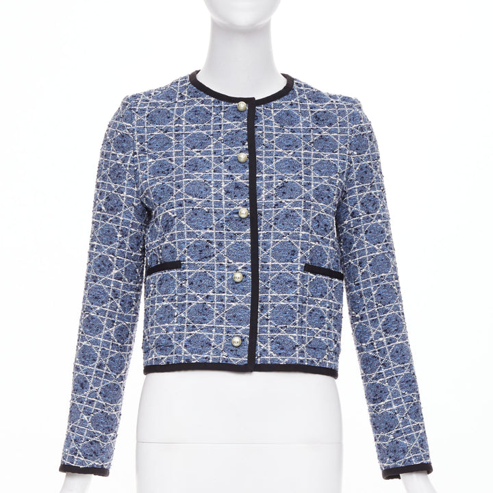 DIOR Macrocannage Technical Cotton Tweed blue white pearl button jacket FR34 XS