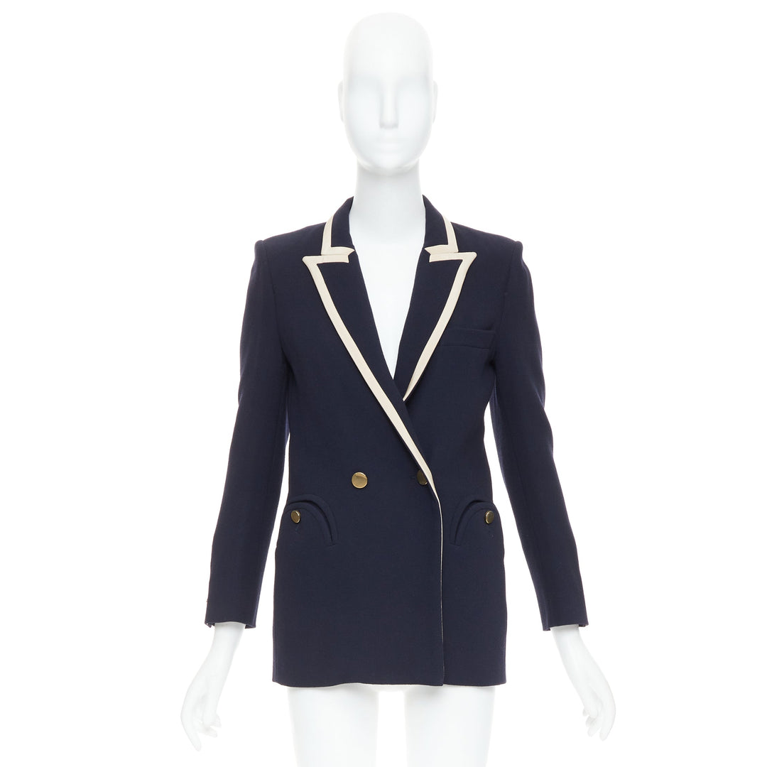BLAZE MILANO Everyday navy virgin wool cream silk curved pocket blazer US0 XS