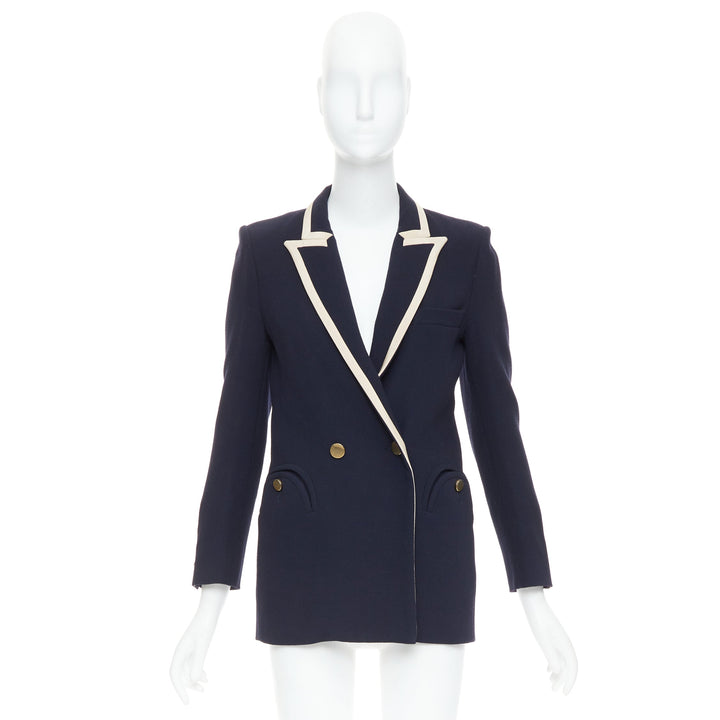BLAZE MILANO Everyday navy virgin wool cream silk curved pocket blazer US0 XS