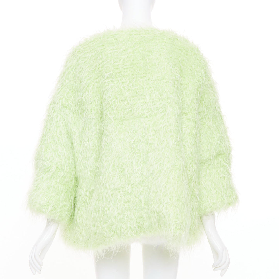 DRIES VAN NOTEN light green fuzzy mohair wool collarless loose open knit coat S