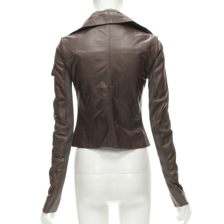 RICK OWENS dust brown lambskin leather draped collar fitted biker jacket IT40 XS