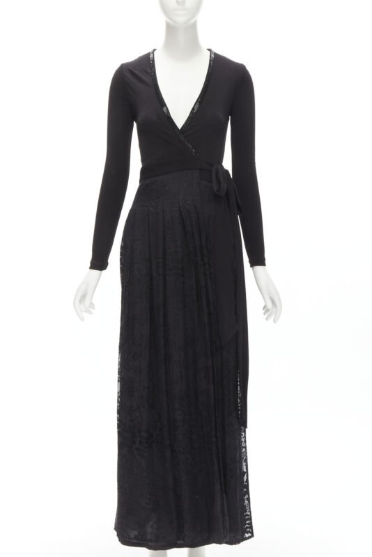 DIANE VON FURSTENBERG black silk bead embellished wrap maxi dress US0 XS