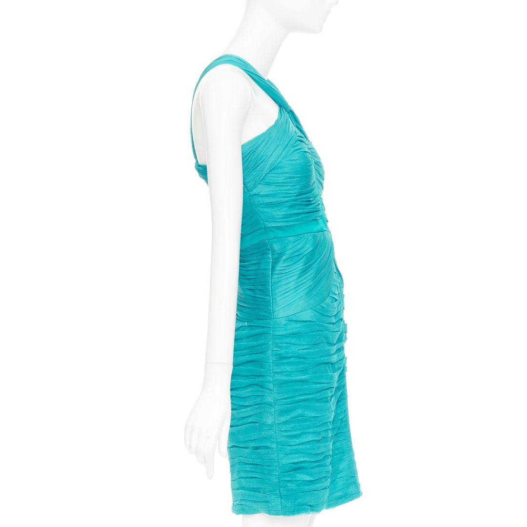 BURBERRY teal blue silk pleated satin front halter mini dress