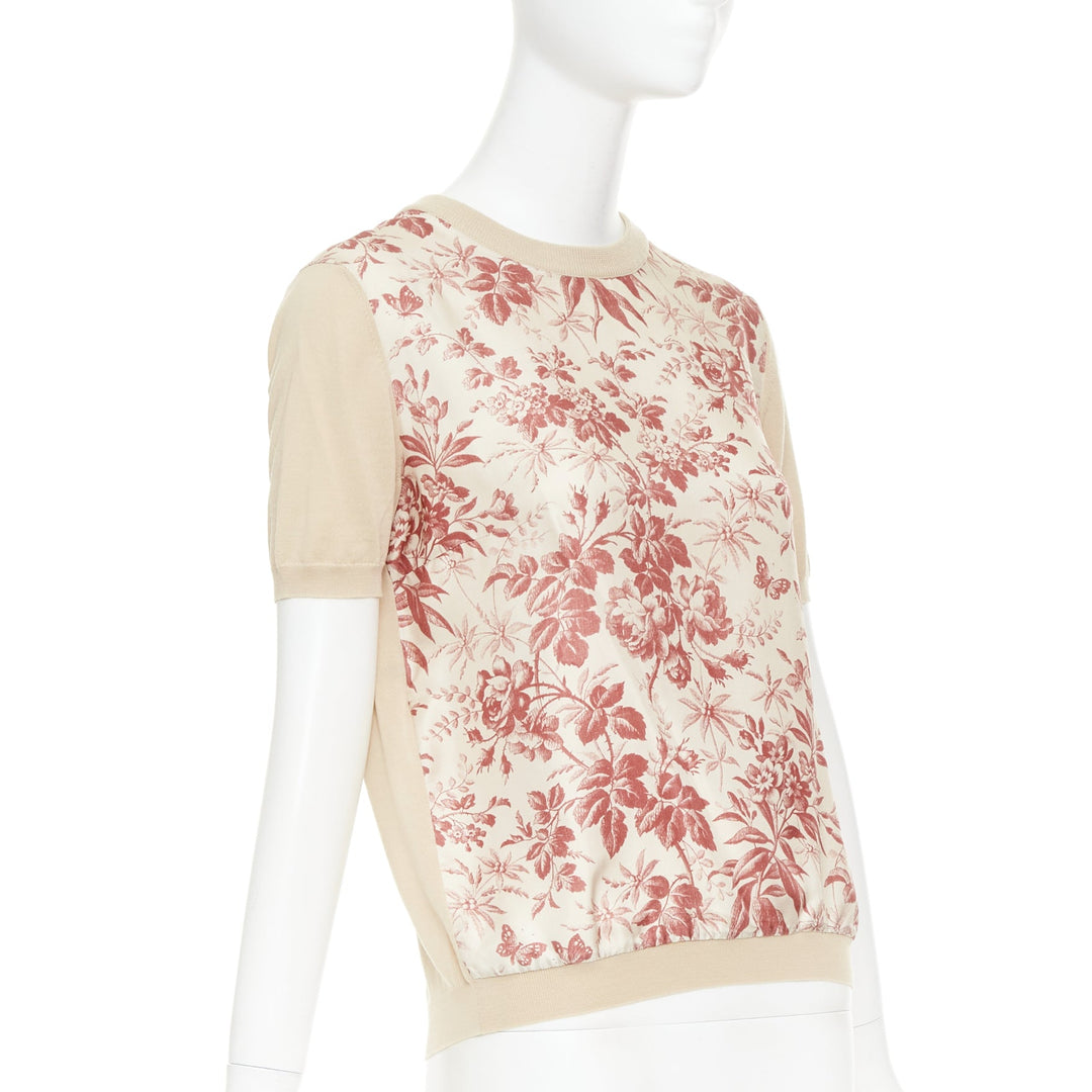 GUCCI Bloom floral butterfly silk print front wool knit sweater top M