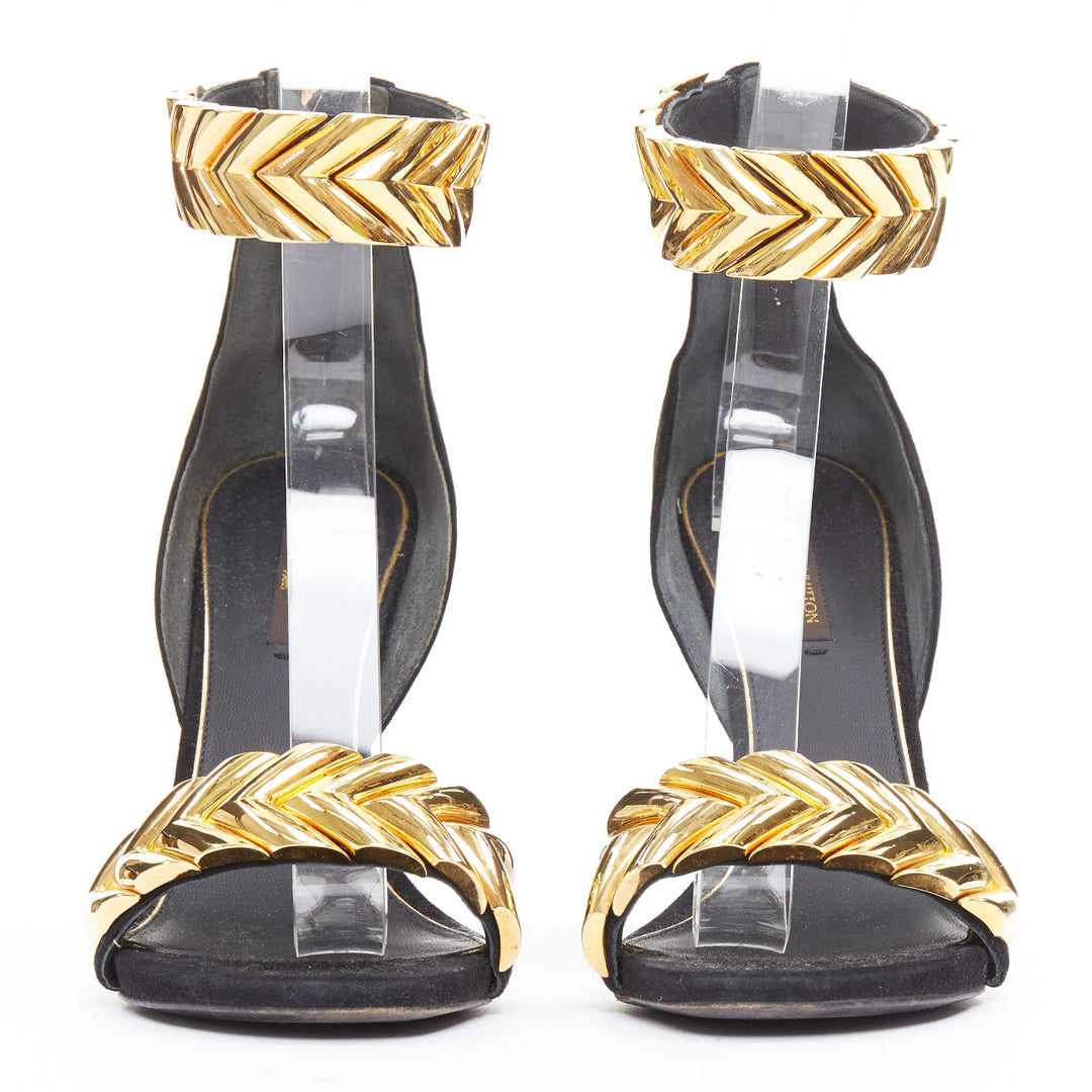 LOUIS VUITTON V Symphony black suede gold hardware high heel sandals EU38