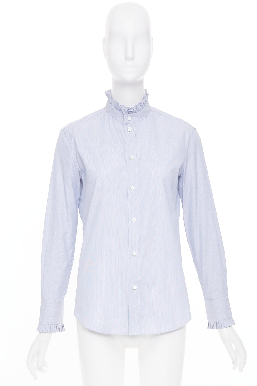 CELINE 2021 striped ruffle mock neck cotton casual button down shirt FR38 M