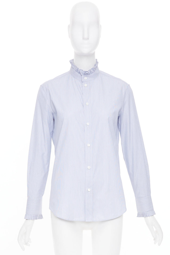CELINE 2021 striped ruffle mock neck cotton casual button down shirt FR38 M