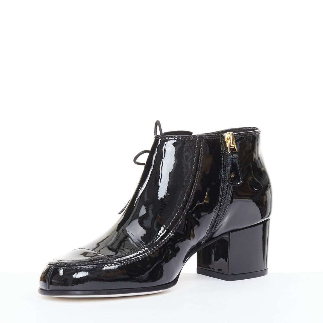 CHANEL 15A Paris-Salzburg Runway black patent gold CC lace-up ankle booties EU39