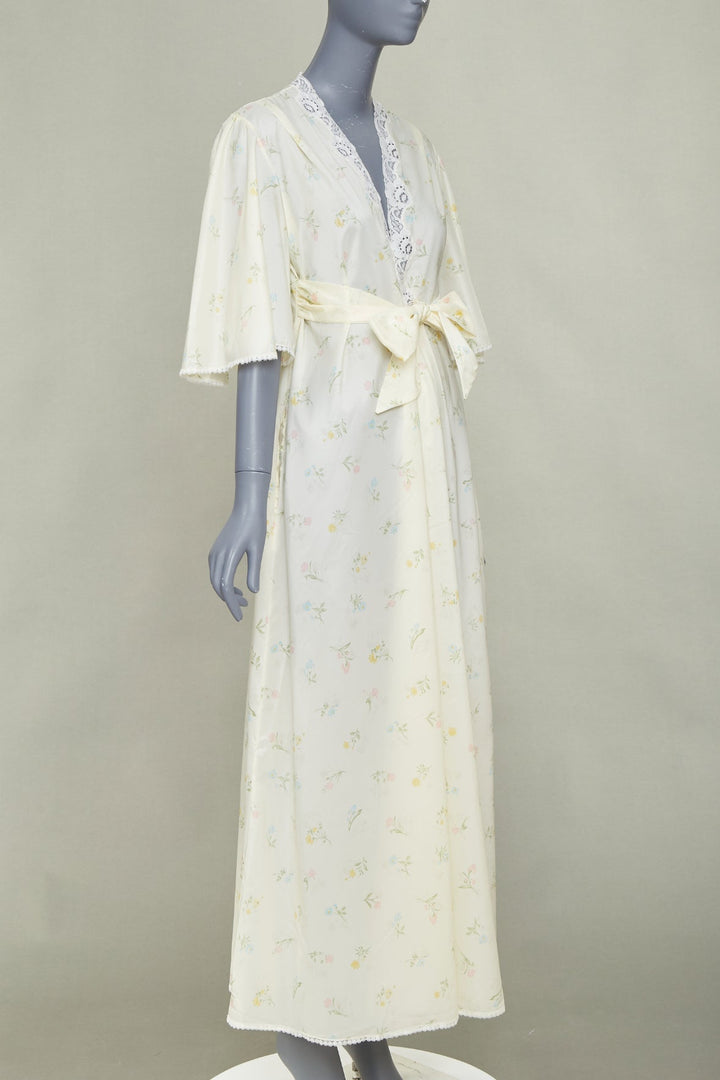 CHRISTIAN DIOR Vintage Sleepwear floral lace trim pastel yellow peignoir robe