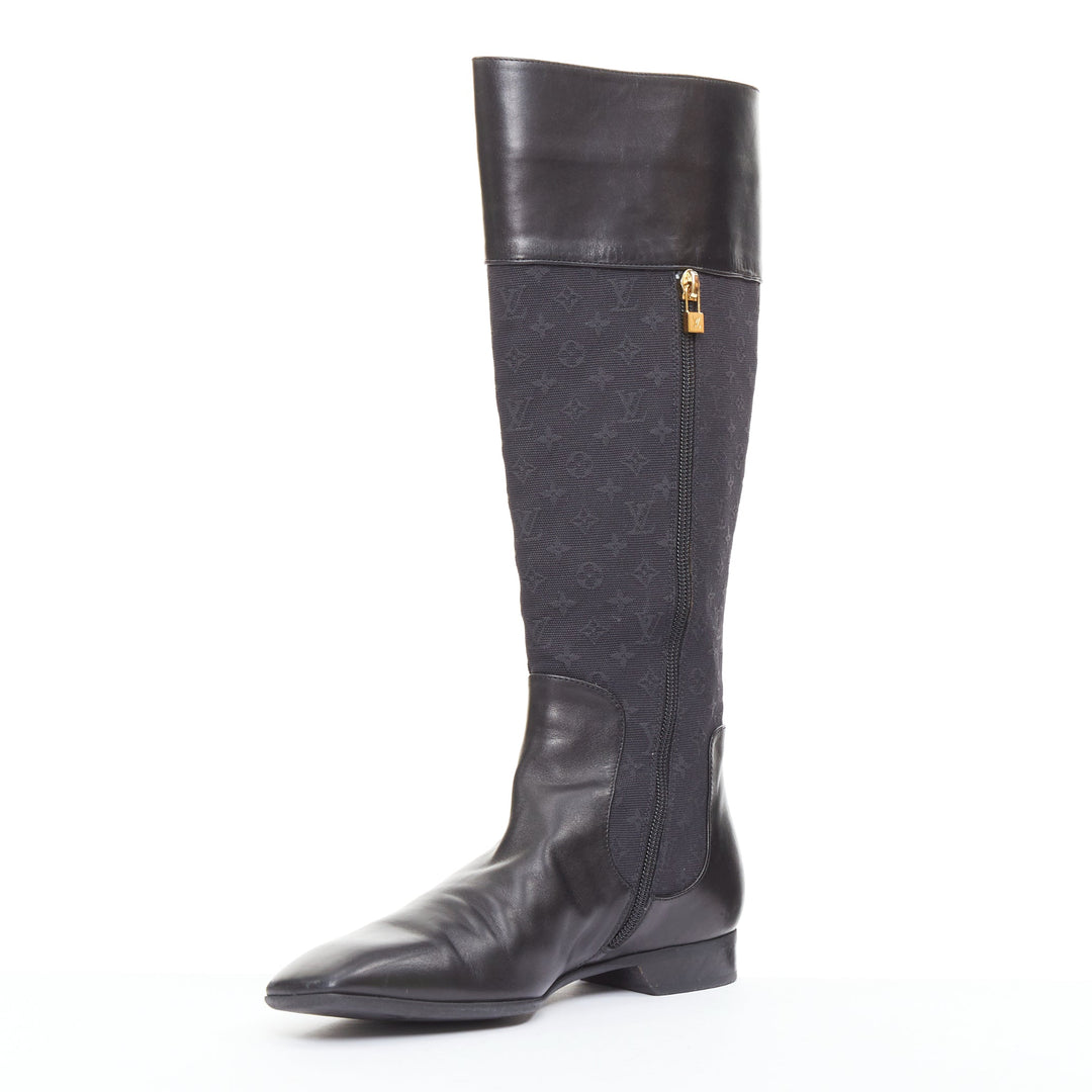 LOUIS VUITTON Mini Lin black monogram canvas saure toe riding boots EU37.5
