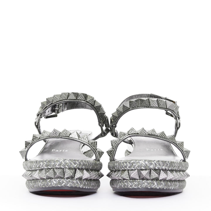 CHRISTIAN LOUBOUTIN Pyraclou 60 Anthracite silver studded espadrille sandal EU37