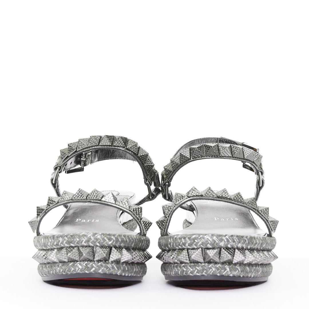 CHRISTIAN LOUBOUTIN Pyraclou 60 Anthracite silver studded espadrille sandal EU38