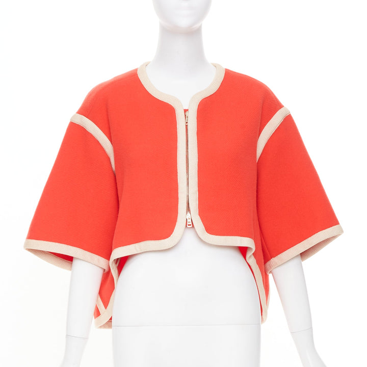 CHLOE asymmetric coral pink orange piping zip trim wool cape jacket FR34 XS