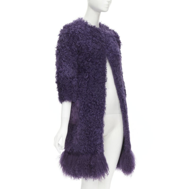 MIU MIU purple curly shearling fur contrast hem 3/4 sleeve coat IT36 XS