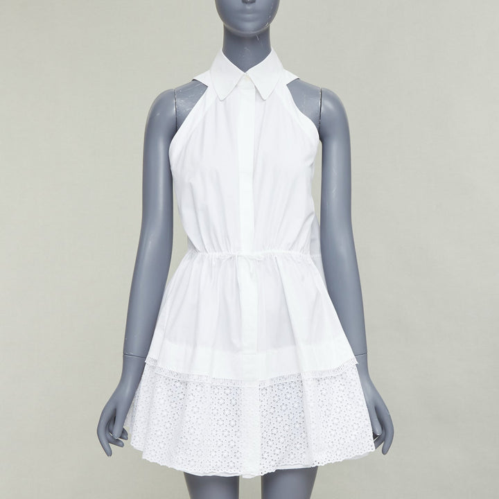 ALAIA white cotton floral eyelet drawstring tie waist tiered shirt dress FR36 S