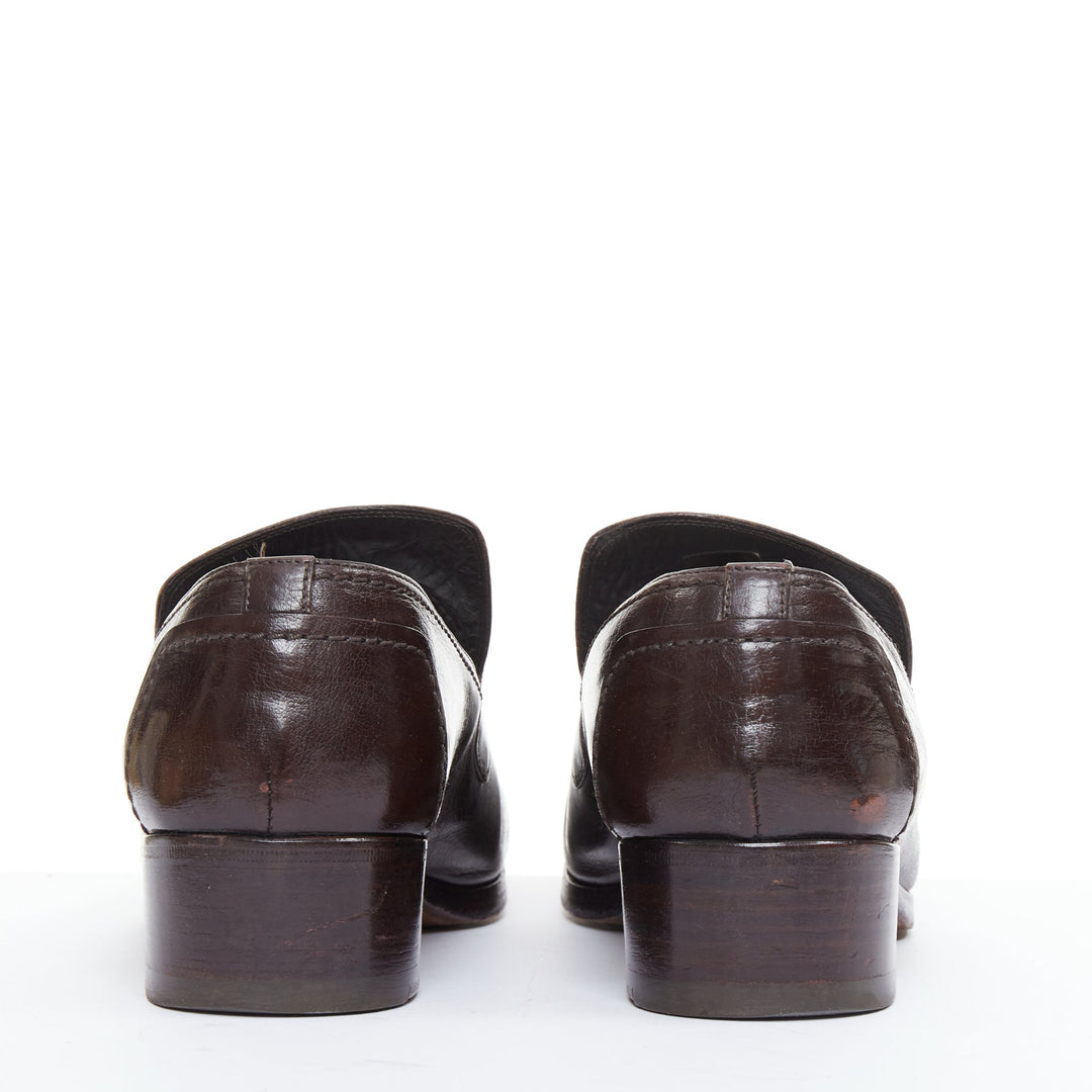YVES SAINT LAURENT dark brown leather Y overstitch square toe loafers UK7 EU41