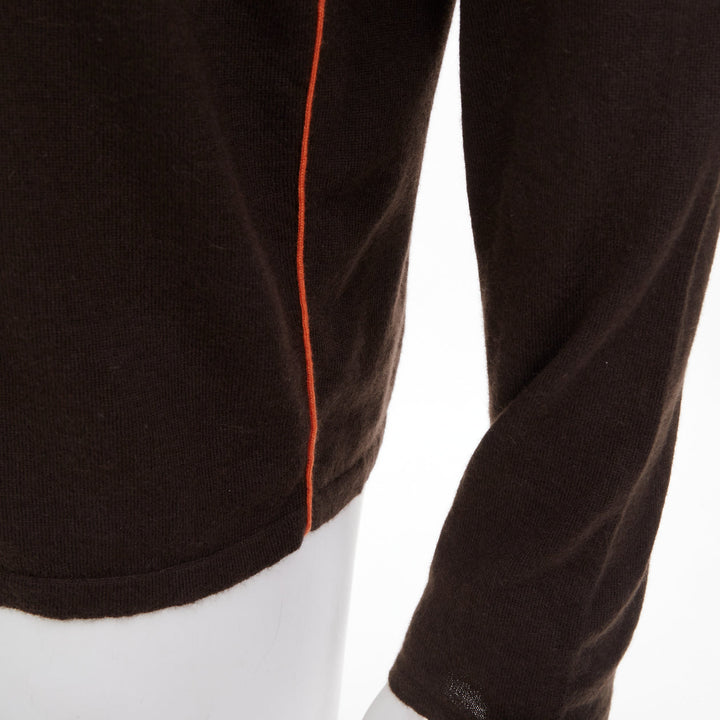 HERMES Vintage 100% cashmere brown contrast orange piping knit crew sweater M