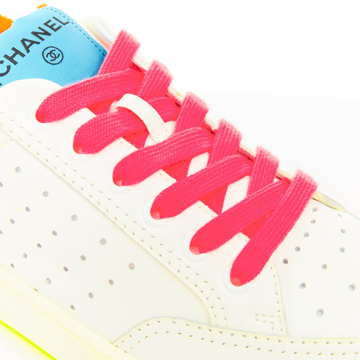 CHANEL 2020 white calfskin neon multicolor low top trainer court sneakers EU38.5