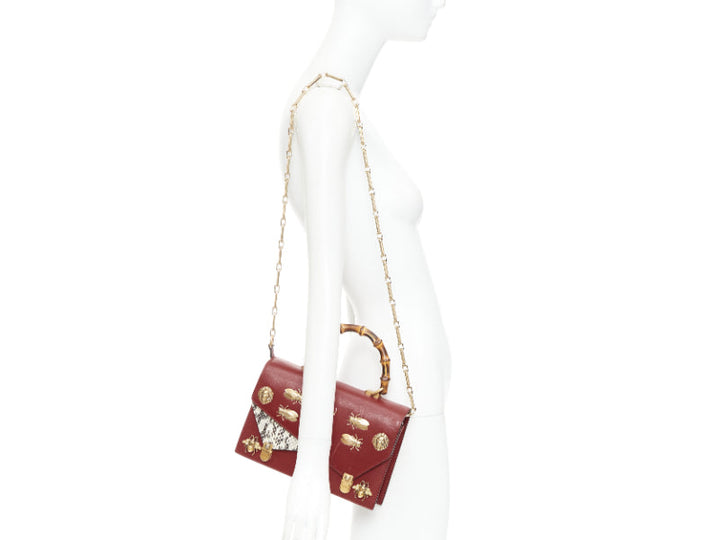 GUCCI Ottilia Bamboo Top Handle red gold insect embellished bag