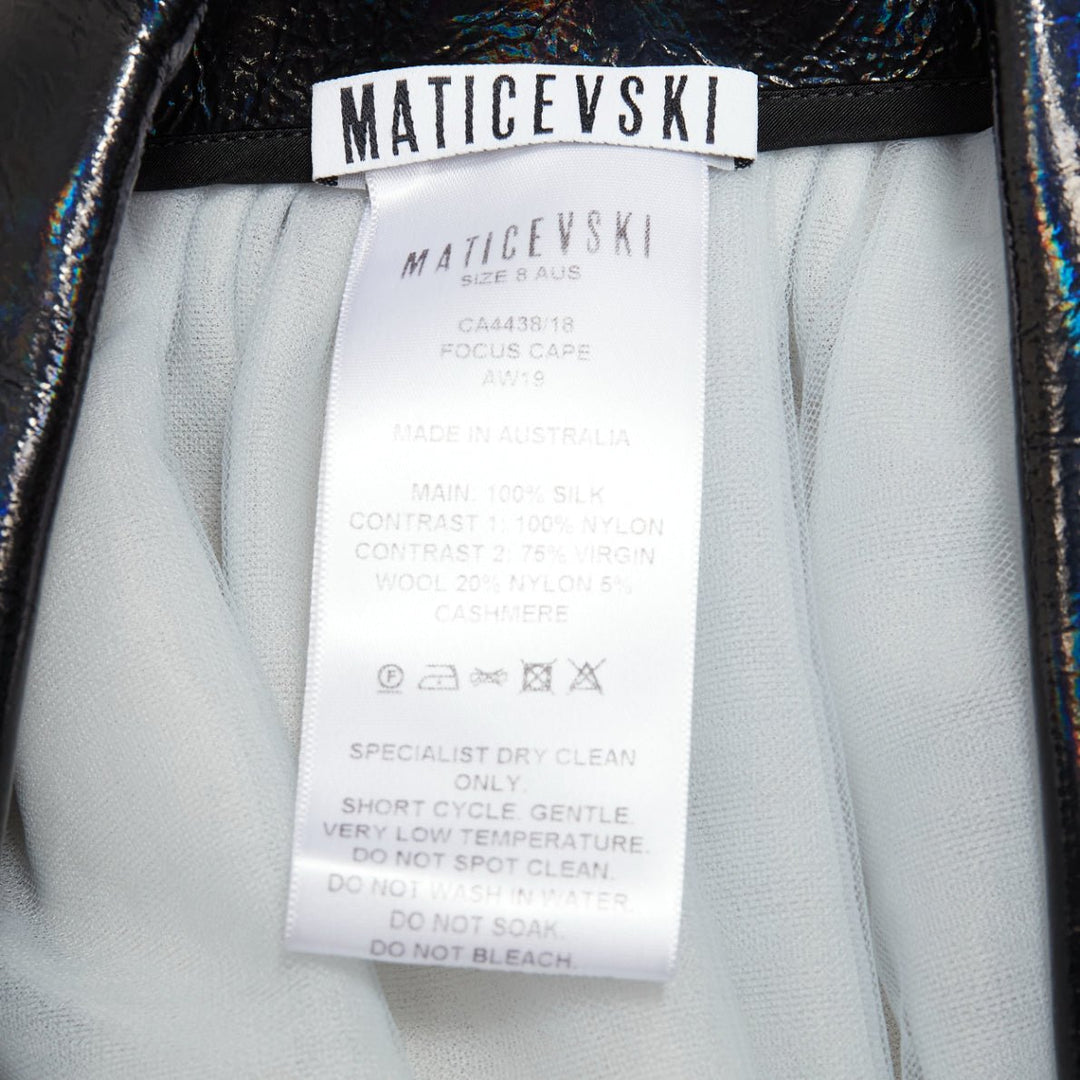 MATICEVSKI 2019 Focus white 100% silk patent collar high low cape AU8 M