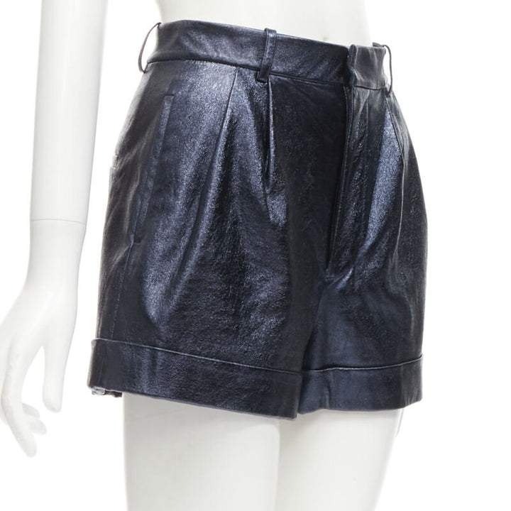 ALICE OLIVIA blue metallic faux leather cuffed high waisted shorts US0 XS