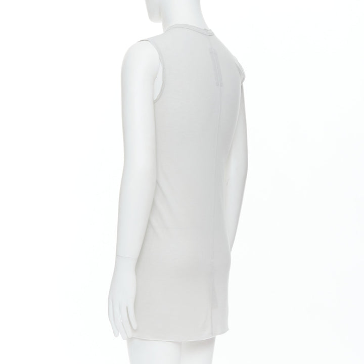 Male mannequin wearing Rick Owens SS 2021 Phlegethon Grey Viscose Men Tank Top in Size  S | Available at JHROP