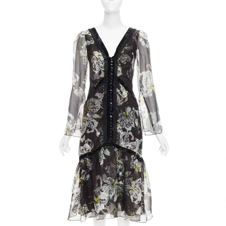 ERDEM 2016 Makayla black grey 100% silk floral back cut out  dress UK6 XS