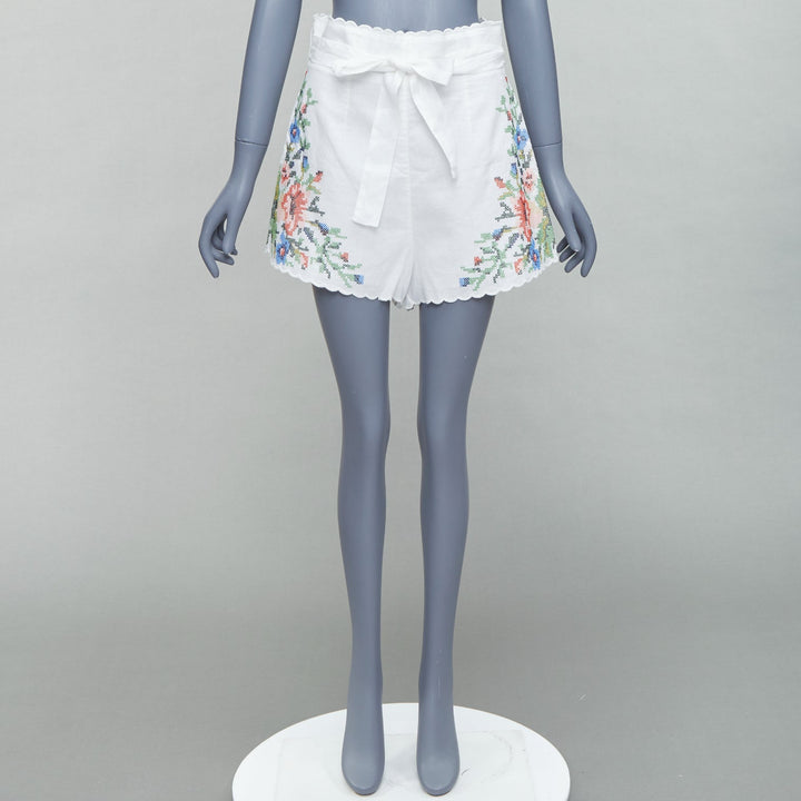 ZIMMERMANN Juliette white linen floral embroidery belted shorts US2 XXS