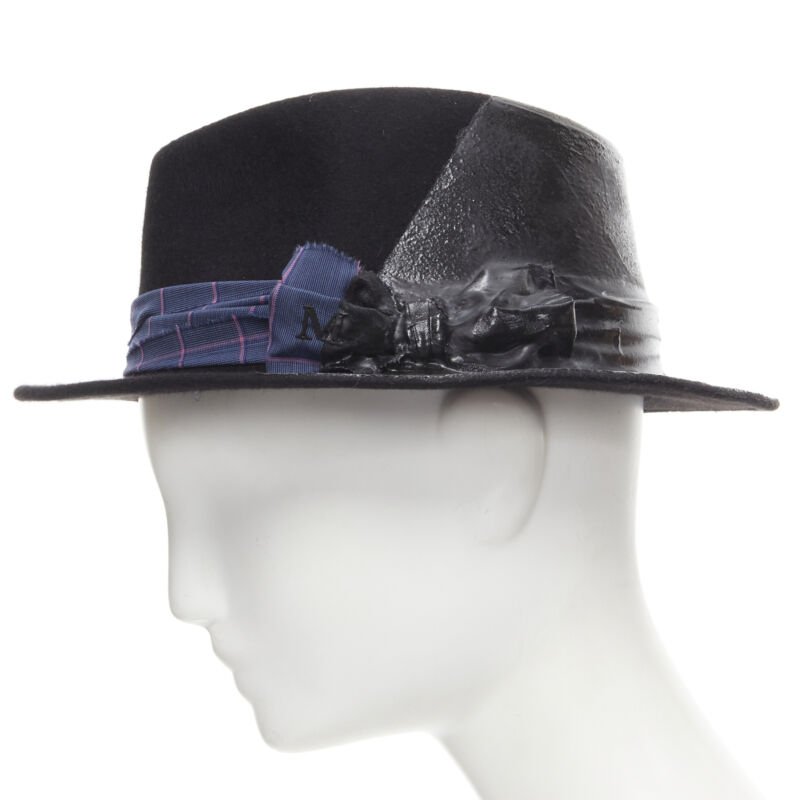 MAISON MICHEL black wool paint lacquered blue check ribbon fedora hat M 57cm