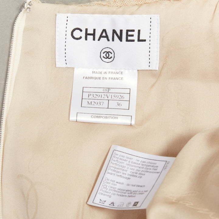 CHANEL Bridal 08P beige sequinned raw edge asymmetric capelet shift dress FR36 S