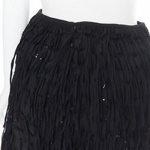 ALAIA black geometric cut out pleated shirred red bead fringe skirt FR38 M