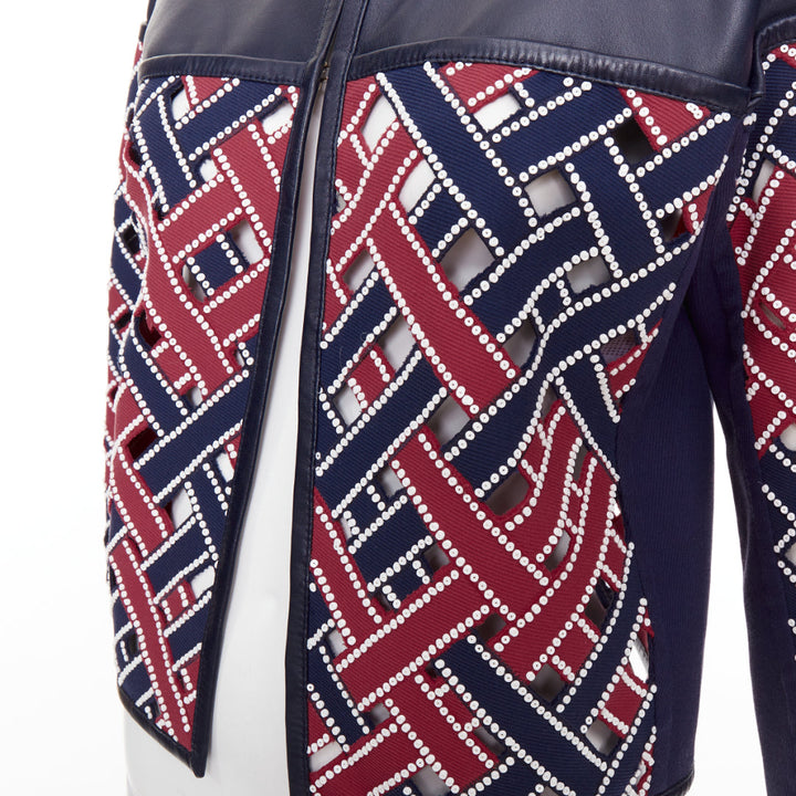 LOUIS VUITTON 2012 Runway navy red sequinned cut out woven leather jacket FR36 S