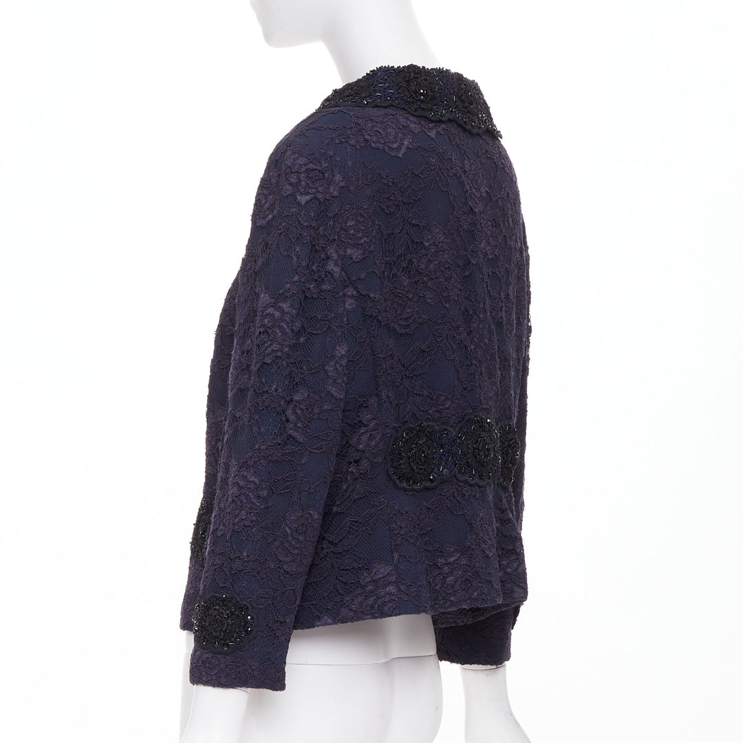 ESCADA Vintage navy lace floral bead embellished collar cropped jacket FR44 2XL