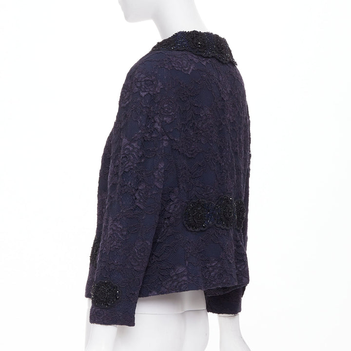 ESCADA Vintage navy lace floral bead embellished collar cropped jacket FR44 2XL