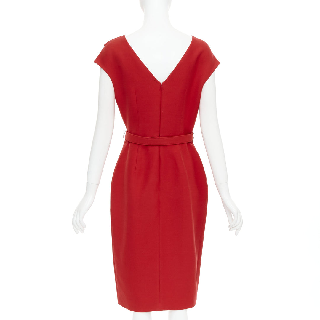 OSCAR DE LA RENTA R19 red wool silk cap sleeve belted sheath dress US8 L