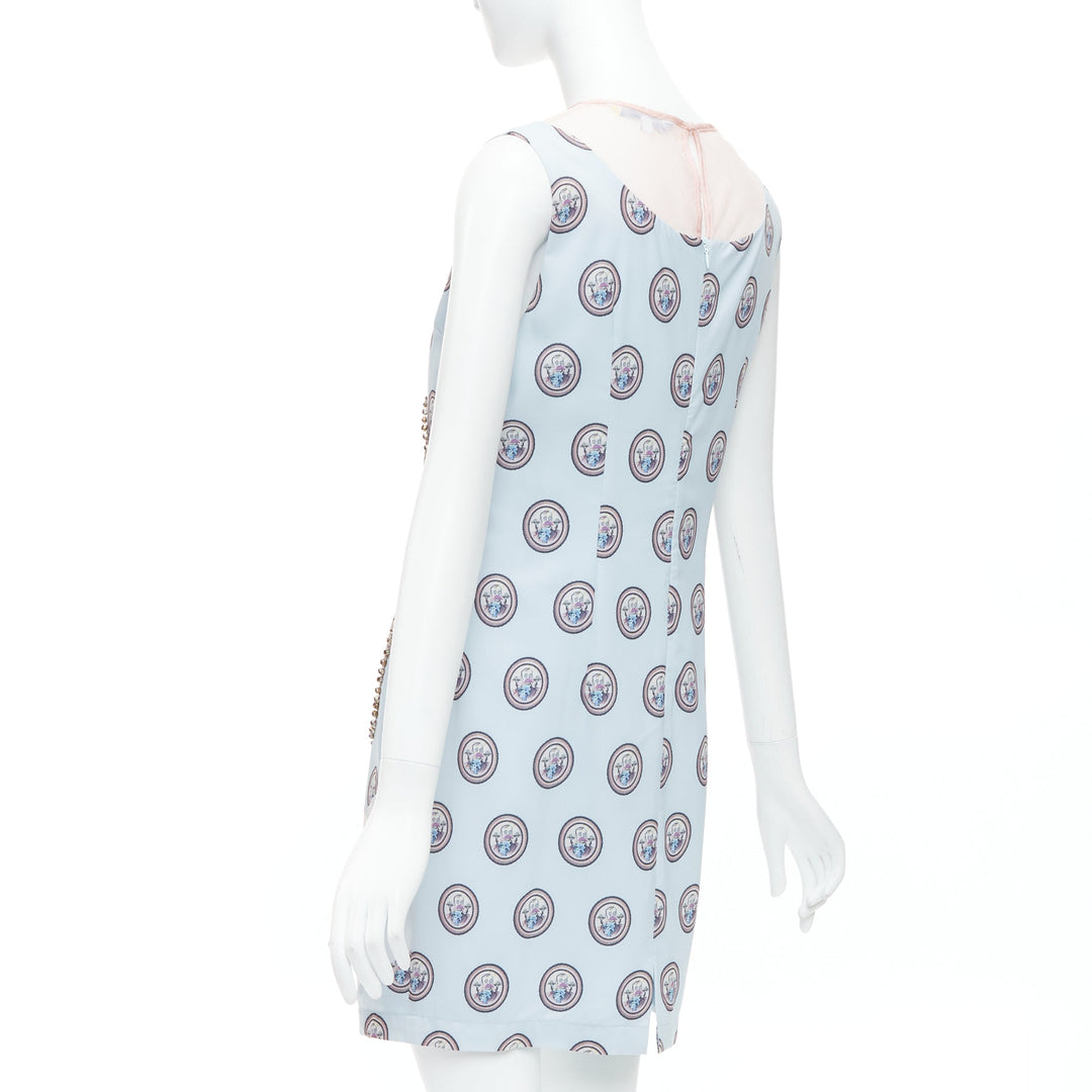 MSGM baby blue silk blend portrait print embellished shift dress L