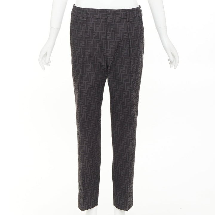 FENDI black FF Zucca monogram jacquard pleat front tapered cropped pants IT48 M