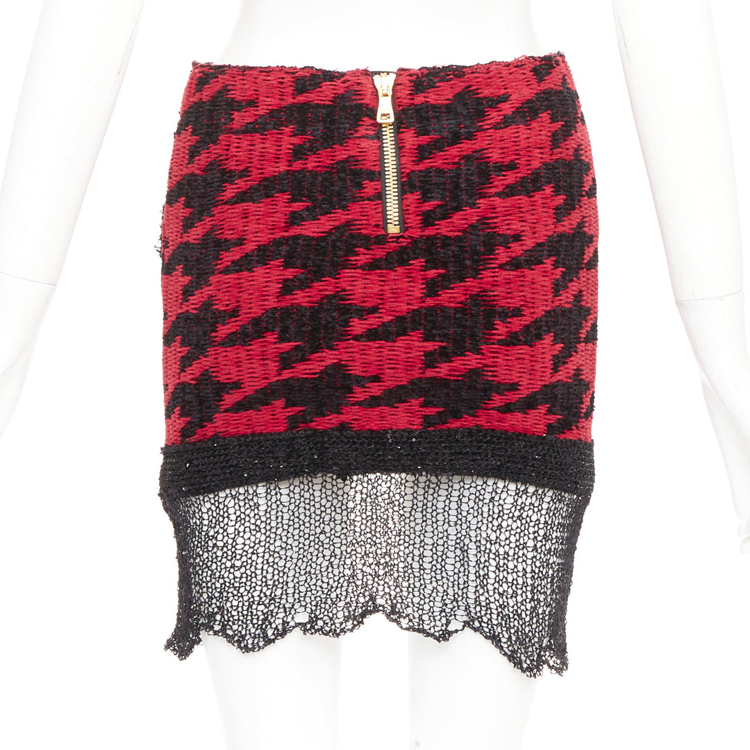 BALMAIN red black viscose blend tweed sequin trim velvet buttons skirt FR34 XS