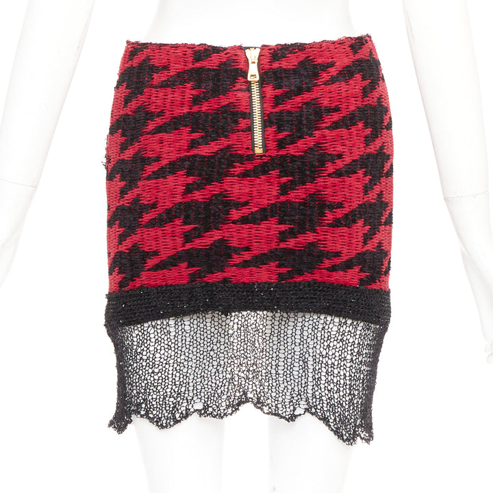 BALMAIN red black viscose blend tweed sequin trim velvet buttons skirt FR34 XS