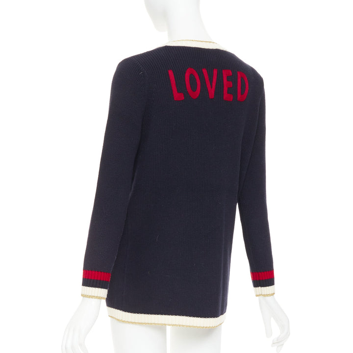 GUCCI Alessandro Michele navy cotton blend web pearl button cardigan XS