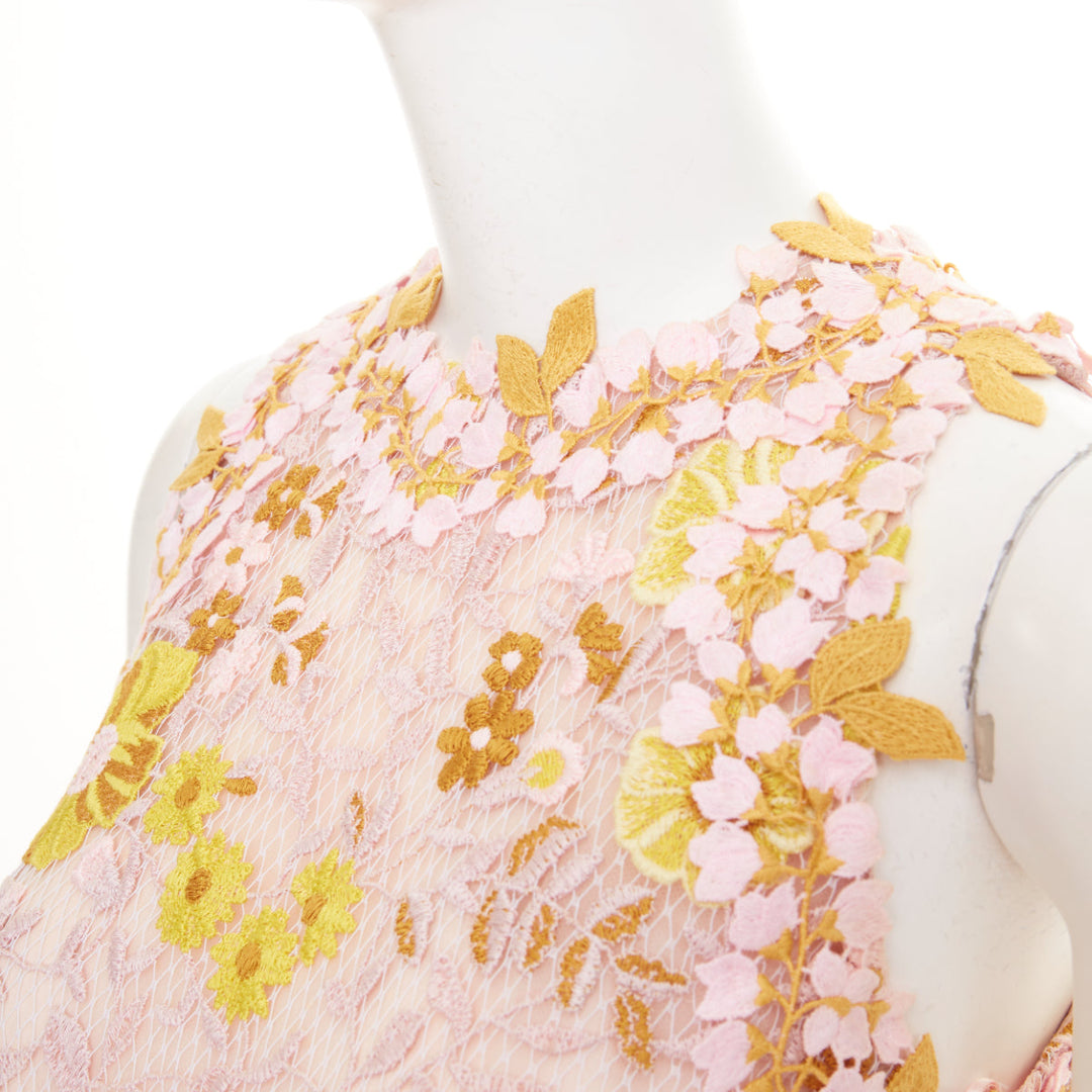 GIAMBATTISTA VALLI petal floral macrame lace pastel pink yellow dress IT38 XXS