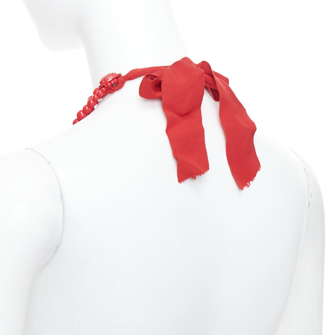 LANVIN H&M red metal chandelier ribbon tie back statement necklace