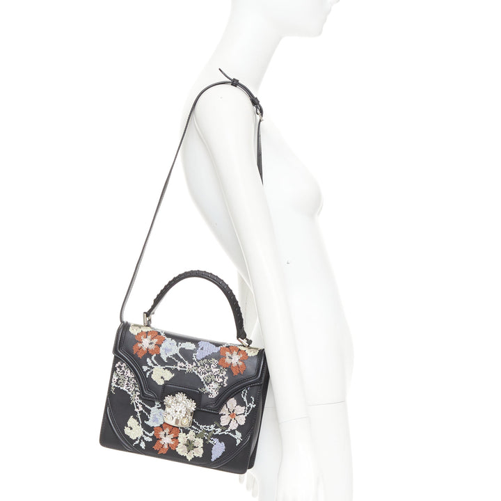 ALEXANDER MCQUEEN black lambskin leather floral embroidered 2 way satchel bag