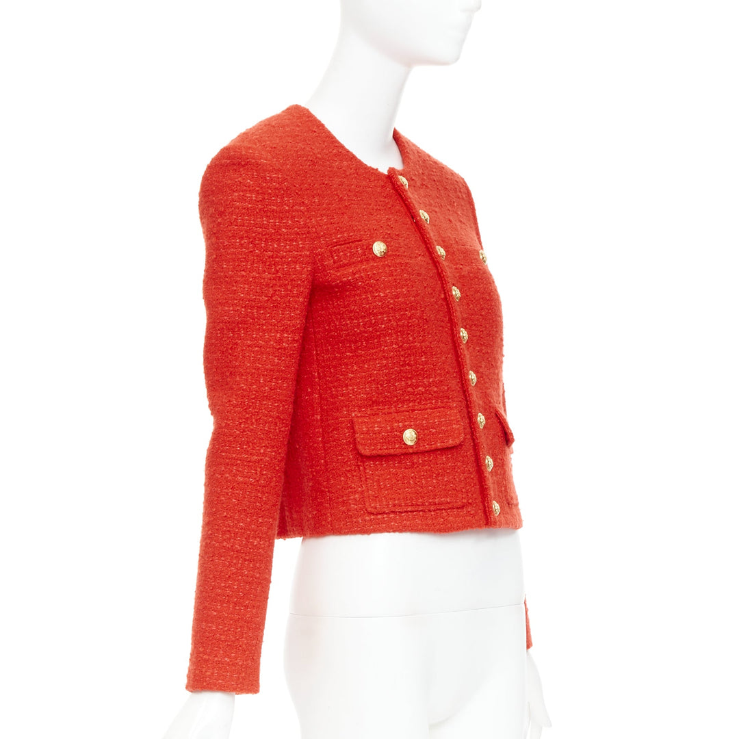 CELINE Chasseur red wool linen tweed gold buttons cropped jacket FR34 XS