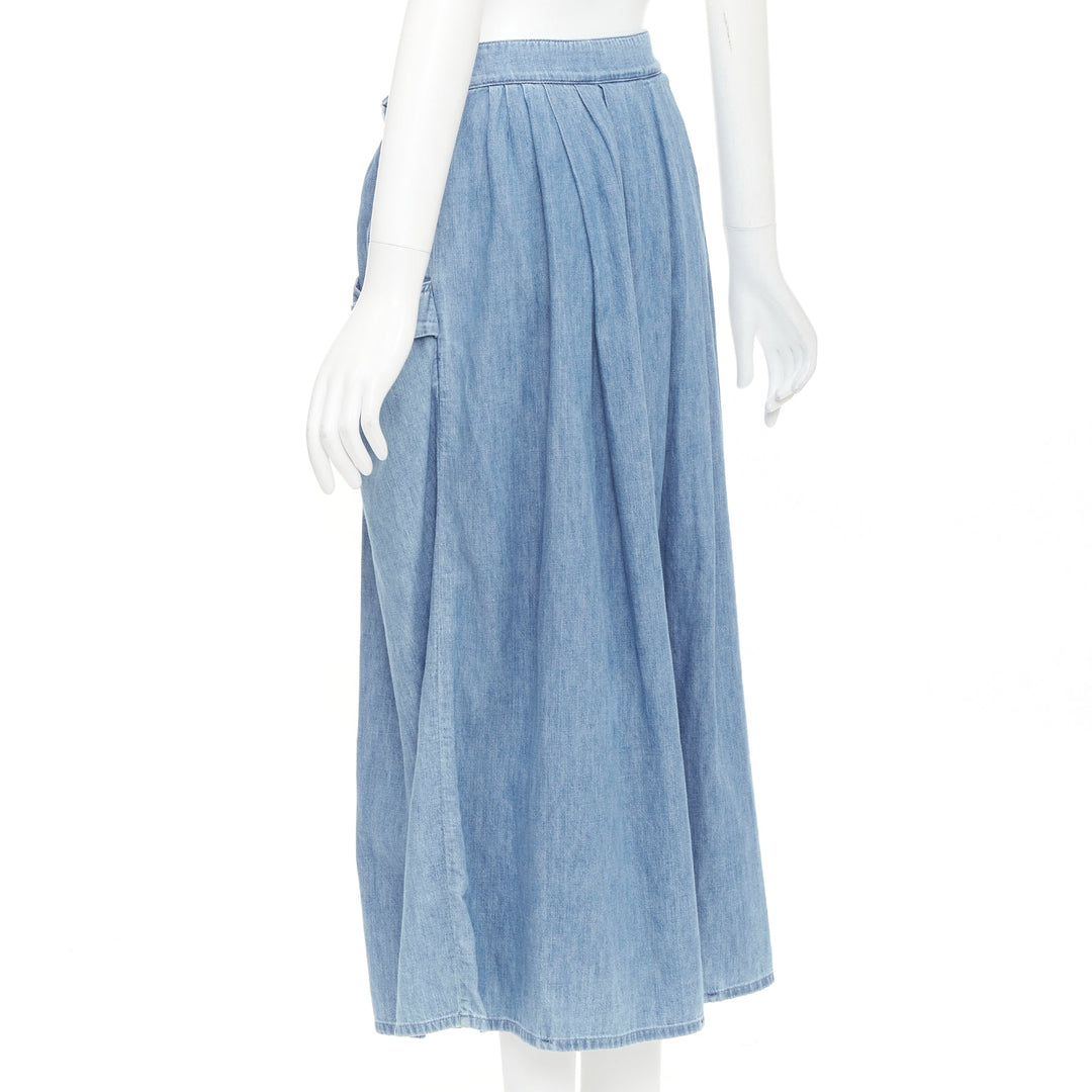 CELINE light blue cotton washed denim gold triomphe logo button midi skirt 27"