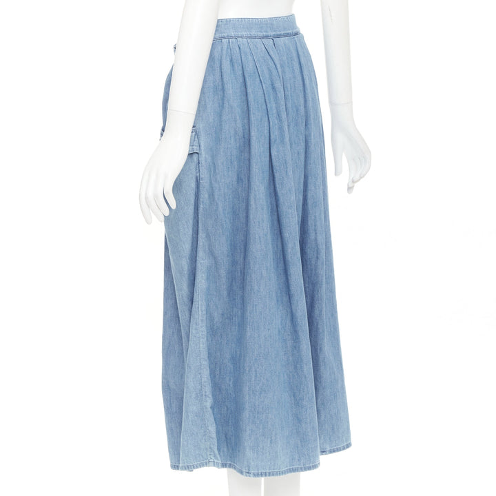 CELINE light blue cotton washed denim gold triomphe logo button midi skirt 27"
